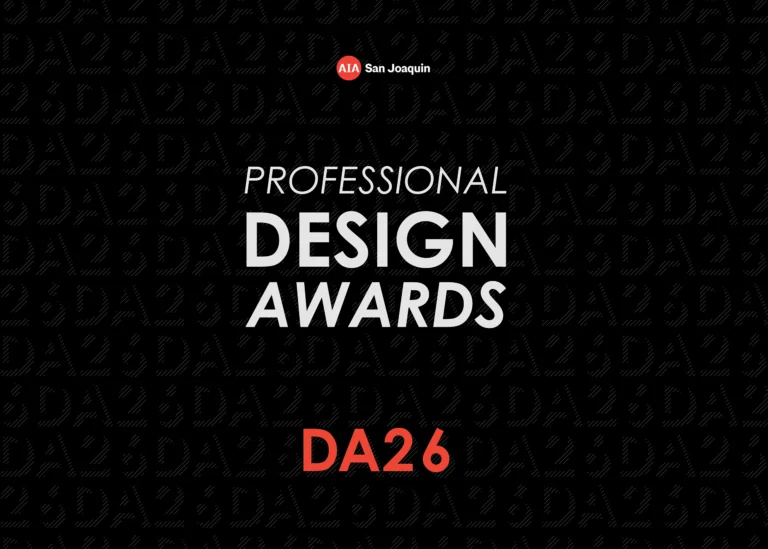 Black graphic with AIA San Joaquin at the top, Professional Design Awards in large white text, and DA26 in bold red text at the bottom. Faint DA26 repeats in the background.