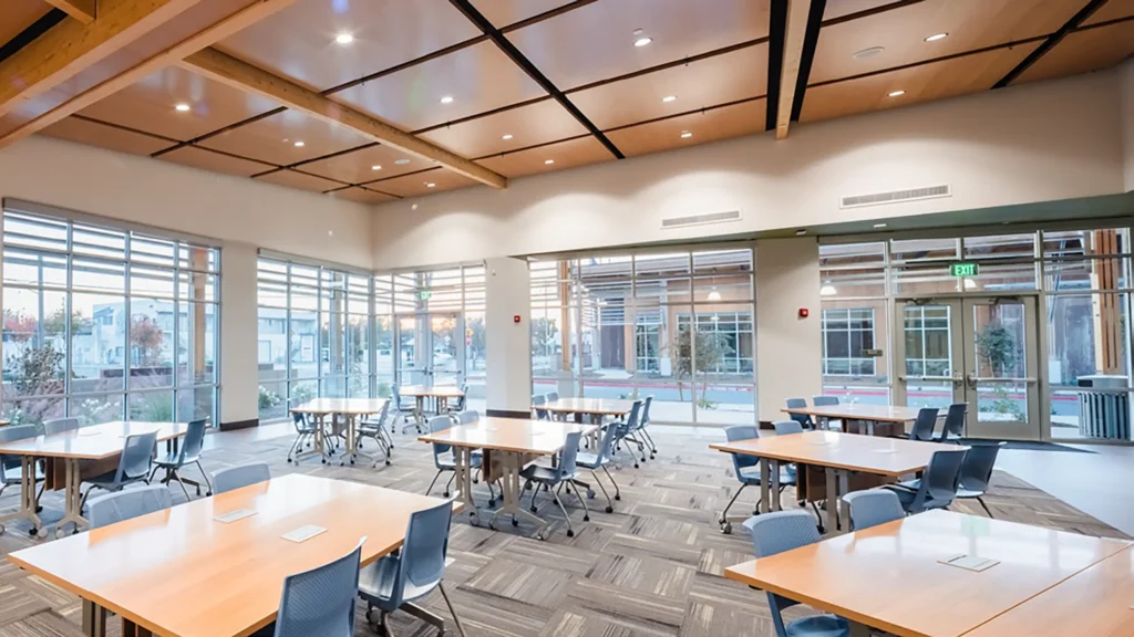 A spacious, modern classroom or meeting room with large windows, wooden ceiling beams, several tables, blue chairs, and natural light filling the room.