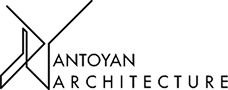 Logo for Antoyan Architecture with abstract black lines forming an A shape to the left, and the words Antoyan Architecture in modern, uppercase font to the right on a light background.