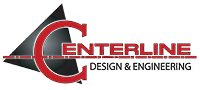 Logo for Centerline Design & Engineering, featuring a large red C over a black triangle, with CENTERLINE in red uppercase letters and DESIGN & ENGINEERING below in smaller black text.