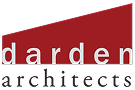 Logo with a red geometric shape above the word darden in lowercase white letters; architects appears below in smaller black lowercase letters.