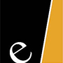 A stylized lowercase e on a black background, with a vertical gold stripe on the right side.