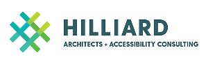 Logo for Hilliard Architects + Accessibility Consulting, featuring interlocking green and blue lines to the left of the company name in bold, dark letters on a light background.
