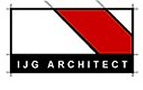 A logo with a white rectangle and a diagonal red stripe, outlined in black. Below, a black bar contains the text IJG ARCHITECT in white capital letters.