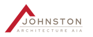 Logo for Johnston Architecture AIA, featuring a red angled line forming a stylized roof above the word JOHNSTON, with ARCHITECTURE AIA in smaller letters below.