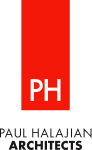 Logo with a vertical red rectangle featuring white letters PH. Below it, the text reads Paul Halajian Architects, with Architects bolded.