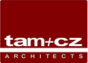 Logo for tam+cz architects. White text on a dark red background, with tam+cz in bold above the word ARCHITECTS in a smaller font within a white bar at the bottom.