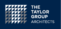 Logo for The Taylor Group Architects. It features a grid of geometric triangles in blue, white, and gray on the left, with the company name in white text on a dark blue background to the right.