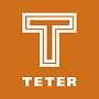 White outlined letter T above the word TETER in bold white capital letters, all on an orange square background.